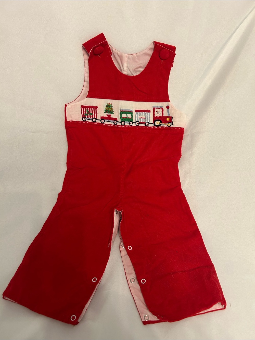 Red Train Embroidered Corduroy Kids Overalls